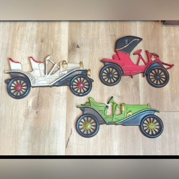 Vtg Midwest Brand Cast Aluminum Metal Wall Art Set Sign Old Fashion Antique Cars - Picture 1 of 16